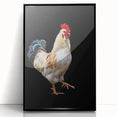 Framed wall art featuring a colorful chicken design in acrylic, showcasing a black frame that enhances its vibrant hues, perfect for animal lovers' decor.