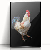 Framed wall art featuring a colorful chicken design in acrylic, showcasing a black frame that enhances its vibrant hues, perfect for animal lovers' decor.