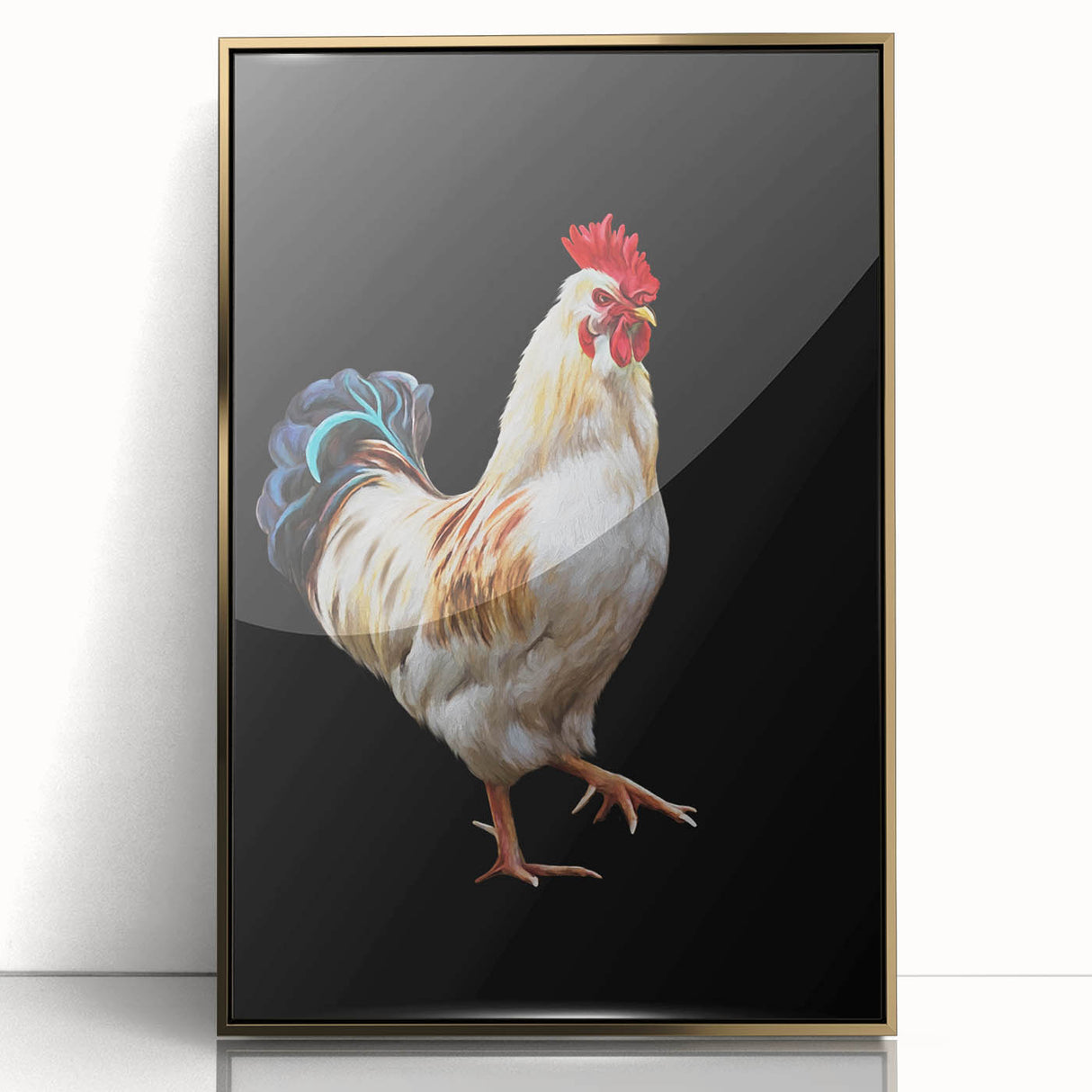 Framed wall art featuring a vibrant chicken design in acrylic, set against a gold background, perfect for adding a whimsical touch to home decor. This piece showcases colorful details and a modern aesthetic, ideal for animal lovers and art enthusiasts alike.
