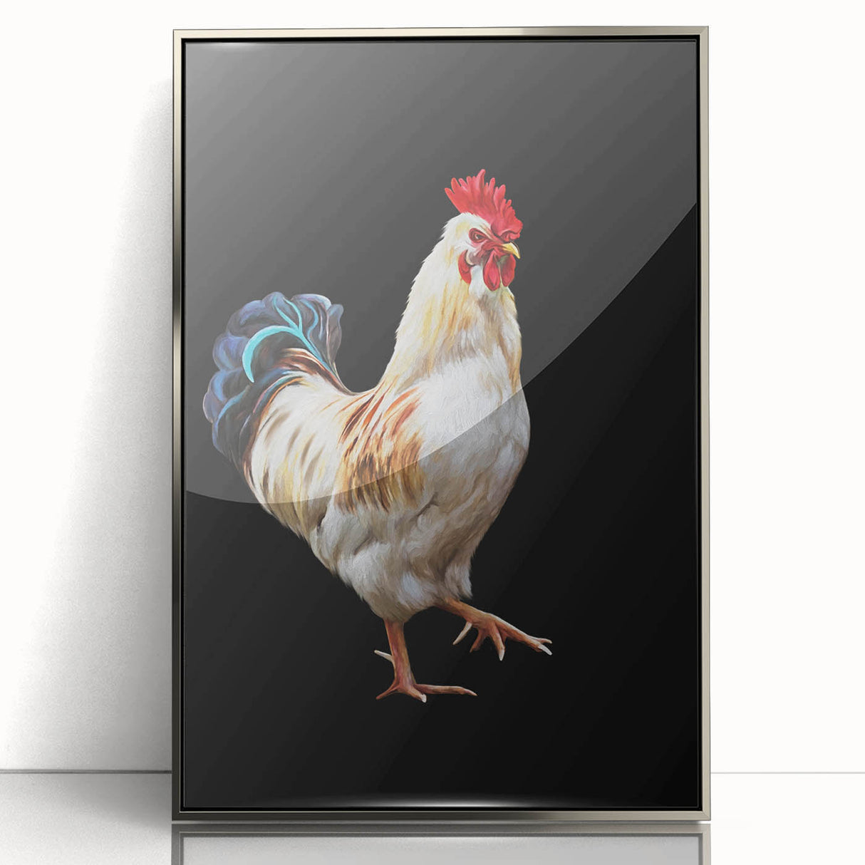 Framed wall art featuring a whimsical chicken design, crafted in acrylic with a sleek silver frame, perfect for adding a playful touch to home decor.