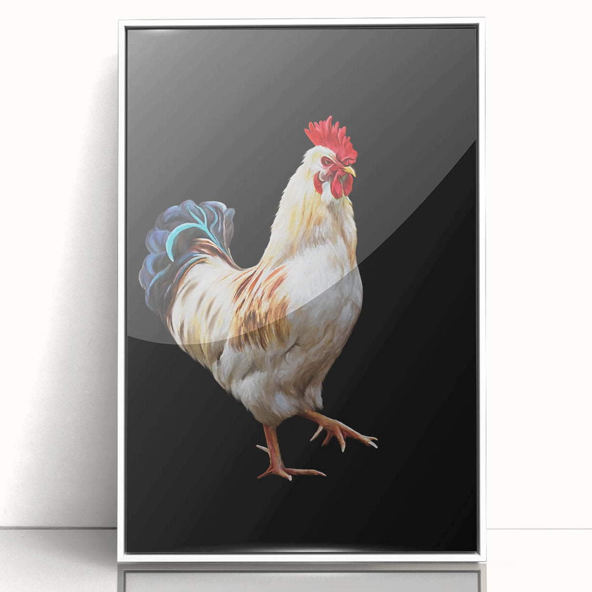 Framed wall art featuring a whimsical chicken design in vibrant colors, set against a white background, perfect for adding a playful touch to home decor.