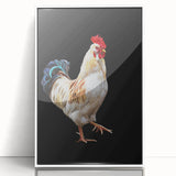 Framed wall art featuring a whimsical chicken design in vibrant colors, set against a white background, perfect for adding a playful touch to home decor.