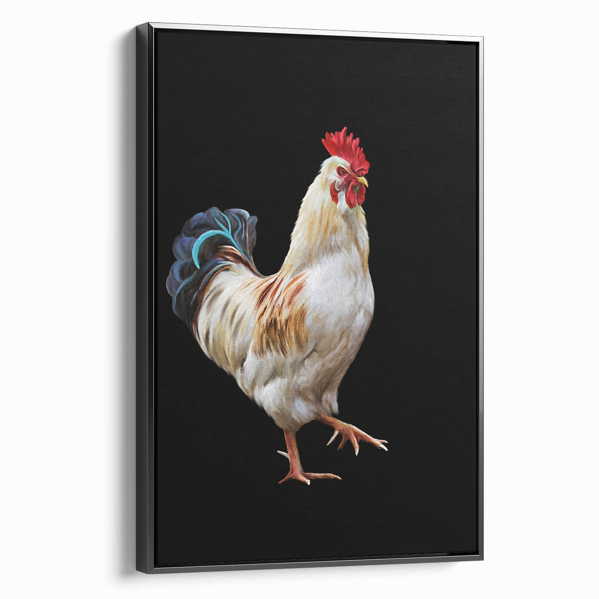 Framed wall art featuring a vibrant chicken design on textured canvas, displayed against a black background, ideal for home decor or kitchen aesthetics.