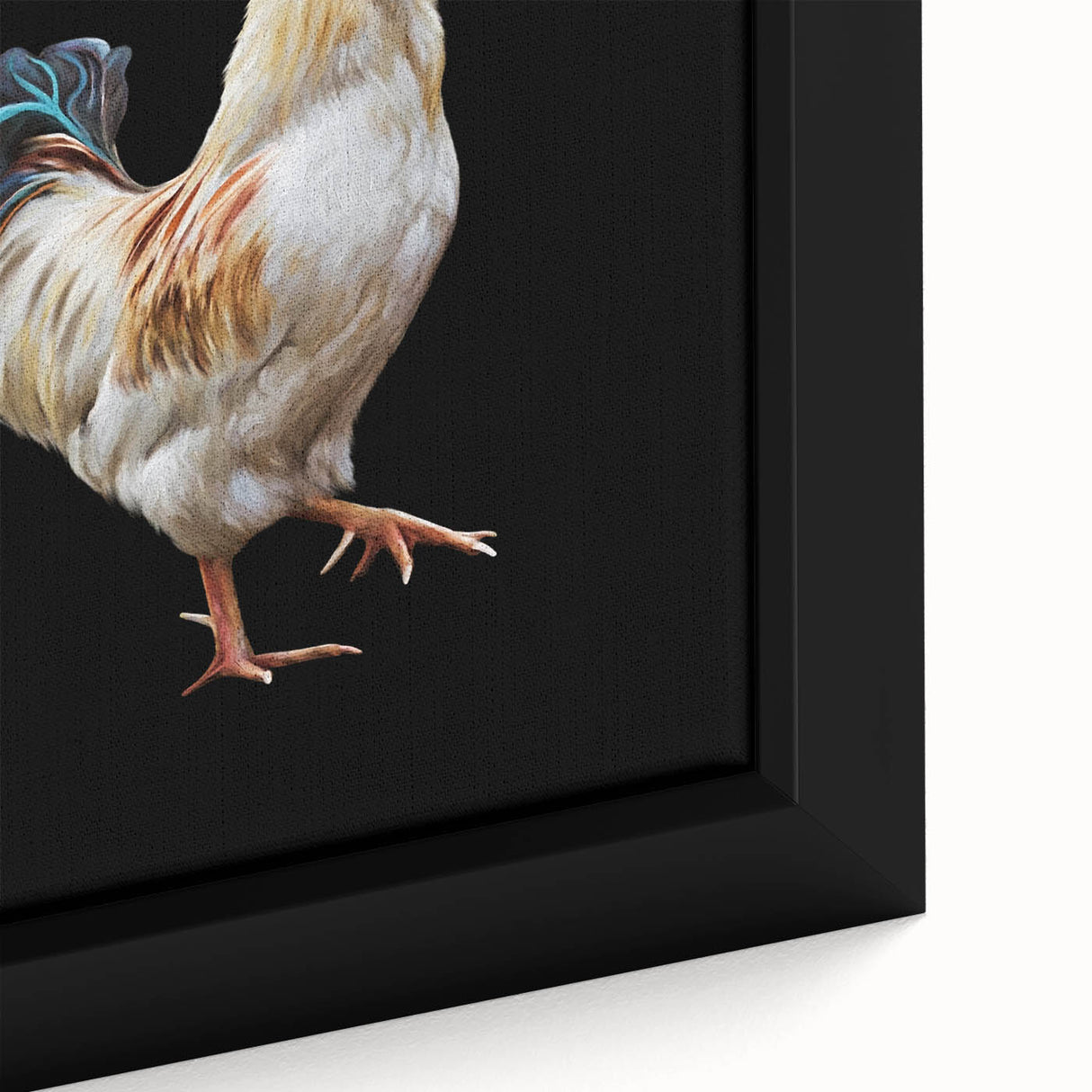 Framed canvas wall art showcasing a vibrant chicken design with intricate details, perfect for adding a whimsical touch to home decor.