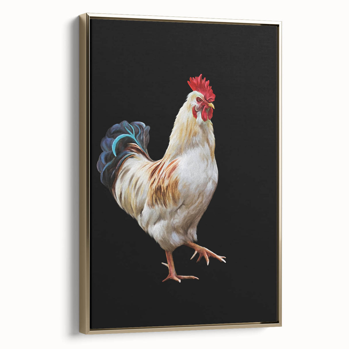 Framed wall art featuring a detailed chicken design with intricate patterns, set against a gold background, showcasing a side view of the canvas. Perfect for adding a unique touch to home decor.