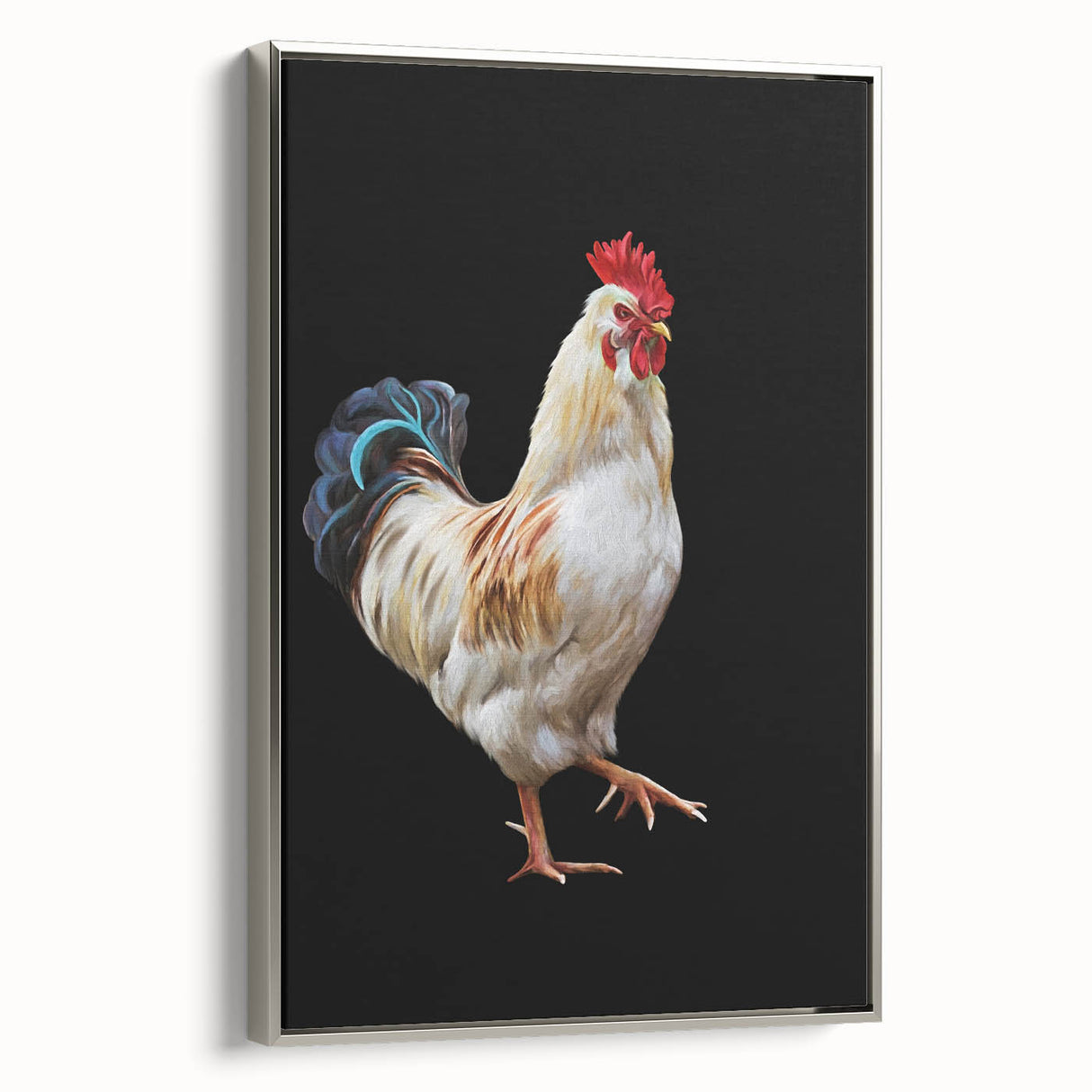 Framed canvas wall art showcasing a vibrant chicken design with silver accents, perfect for enhancing home decor. The side view displays its elegant framing and intricate details, ideal for animal lovers or rustic-themed interiors.