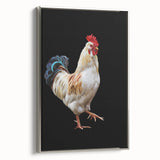 Framed canvas wall art showcasing a vibrant chicken design with silver accents, perfect for enhancing home decor. The side view displays its elegant framing and intricate details, ideal for animal lovers or rustic-themed interiors.