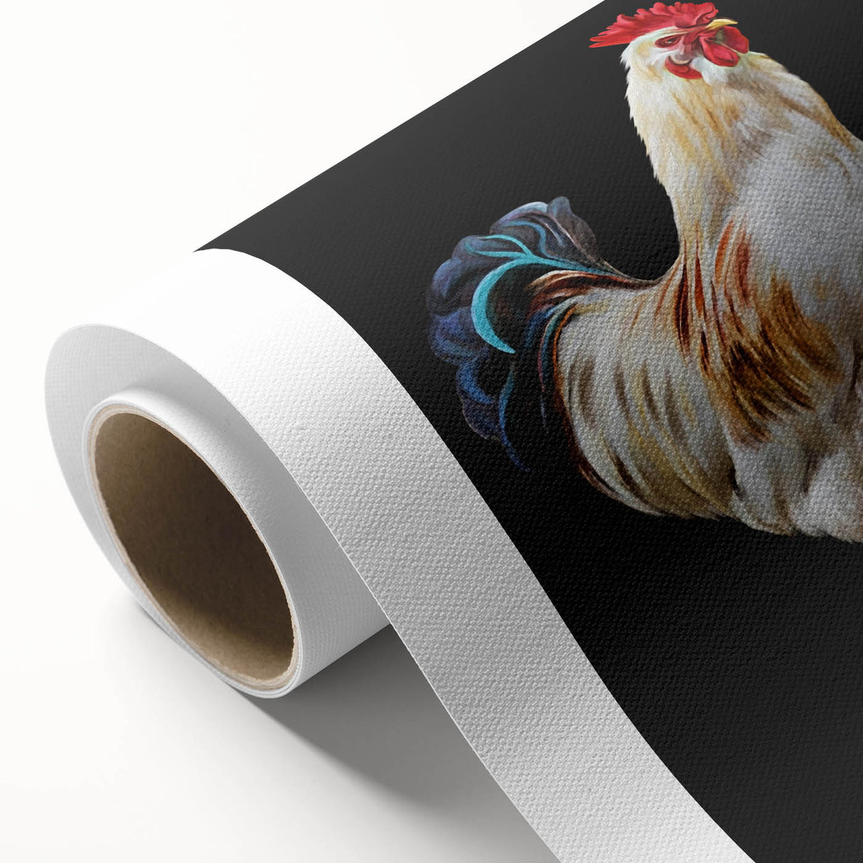 Rolled canvas showcasing a vibrant chicken design in a whimsical and colorful style, ideal for enhancing home decor with playful artistry, packaged securely in a protective tube.