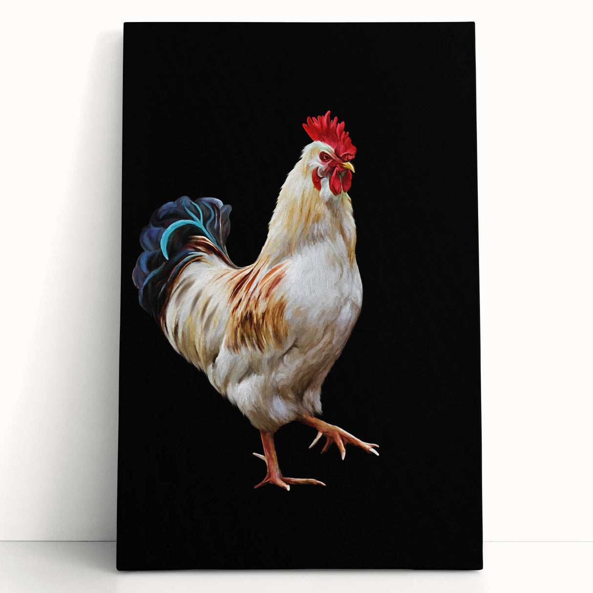 Stretched canvas wall art featuring a vibrant chicken design, showcasing intricate details and bold colors, perfect for adding a whimsical touch to home decor.