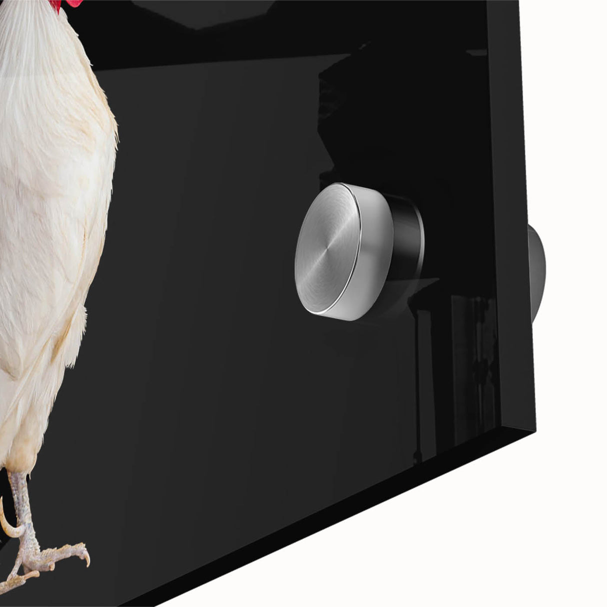 Close-up of a vibrant acrylic wall art piece featuring a whimsical chicken design, showcasing vivid colors and intricate details, perfect for home decor.
