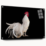 Acrylic glass wall art featuring a vibrant chicken design from the Birds Collection, displayed in a stylish side view with decorative pins, ideal for home decor.
