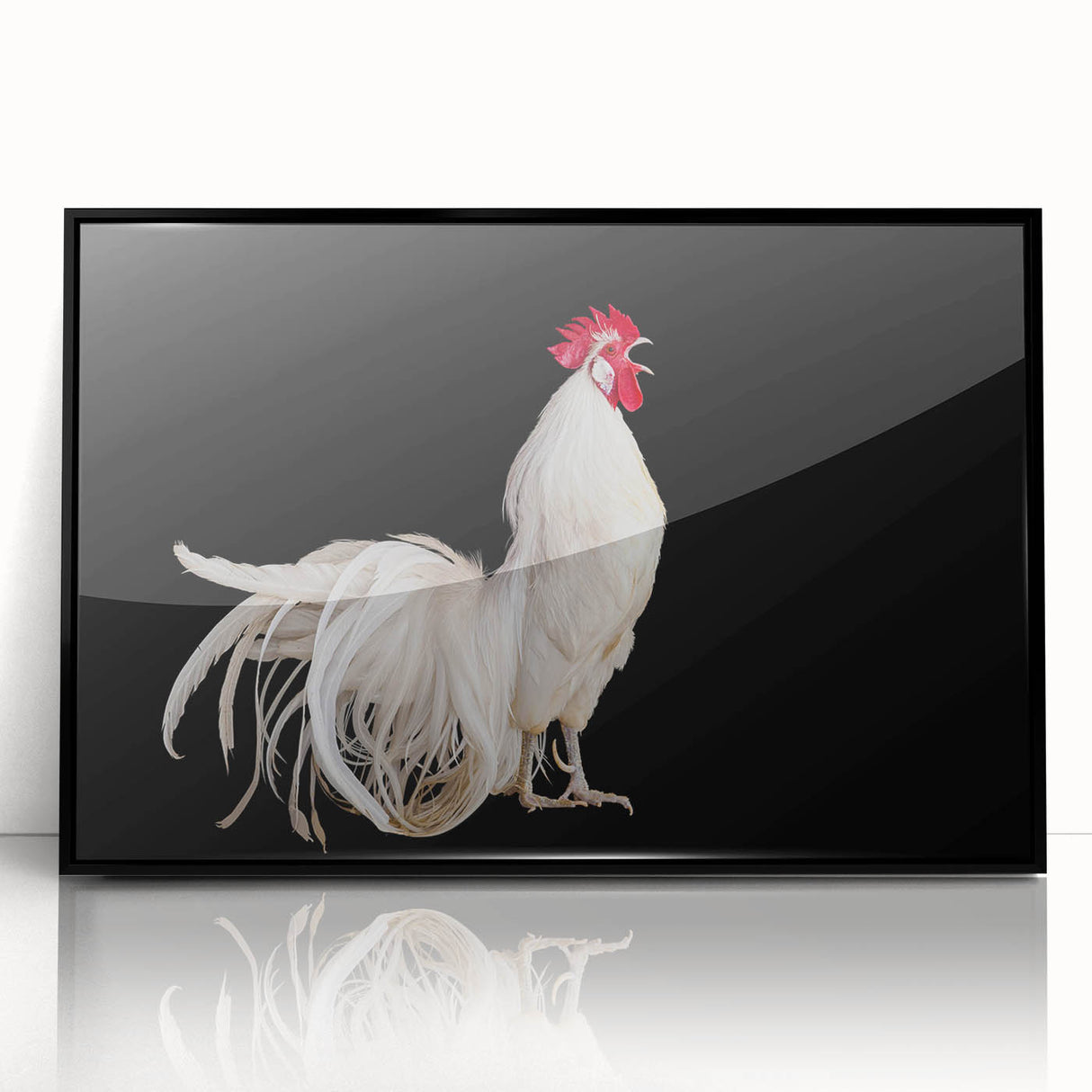 Framed wall art featuring a vibrant chicken design in bold colors, set against a black background, perfect for adding a unique touch to home decor.