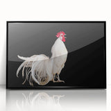 Framed wall art featuring a vibrant chicken design in bold colors, set against a black background, perfect for adding a unique touch to home decor.
