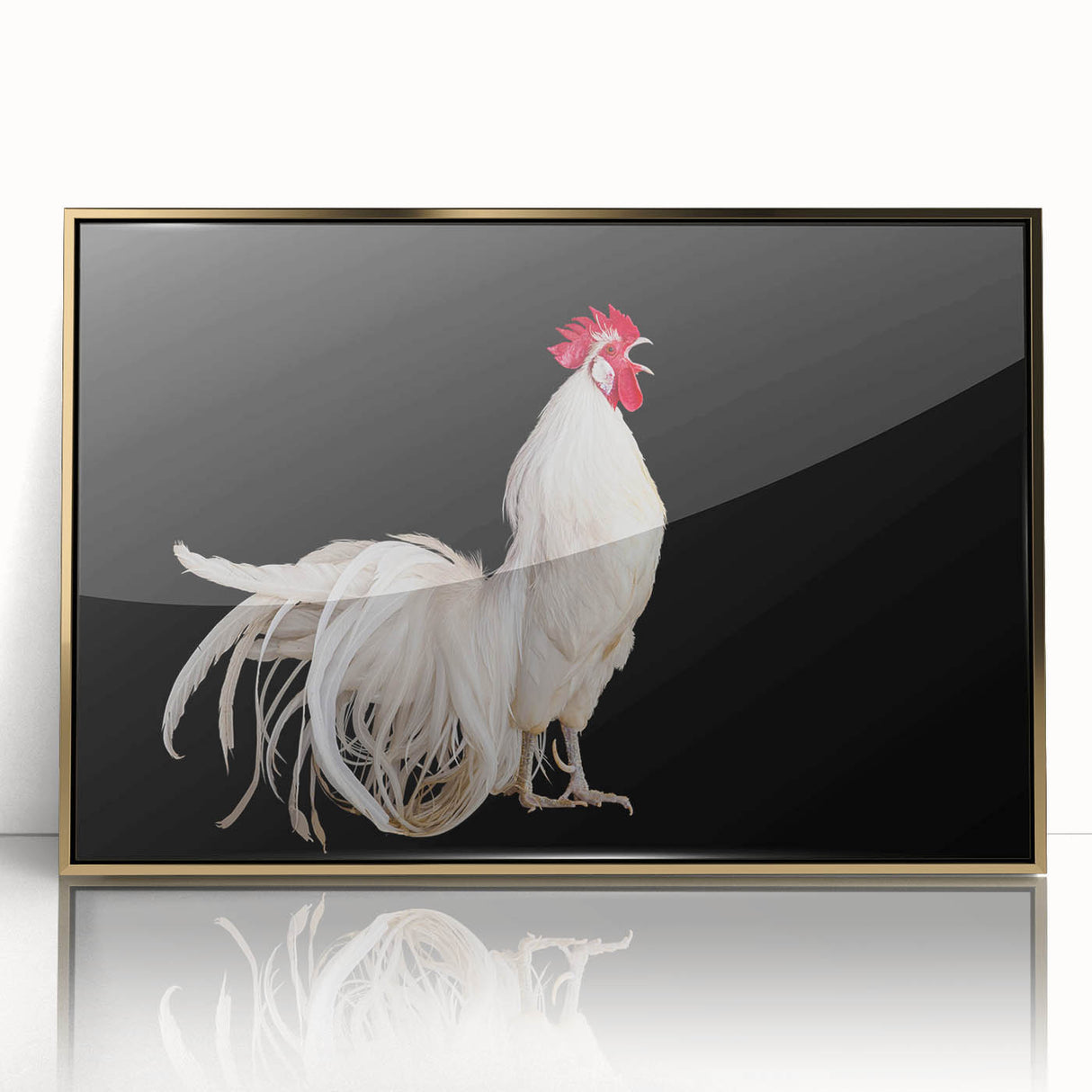 Framed wall art featuring a vibrant chicken design in a gold acrylic frame, showcasing colorful birds against a neutral background, perfect for modern home decor.
