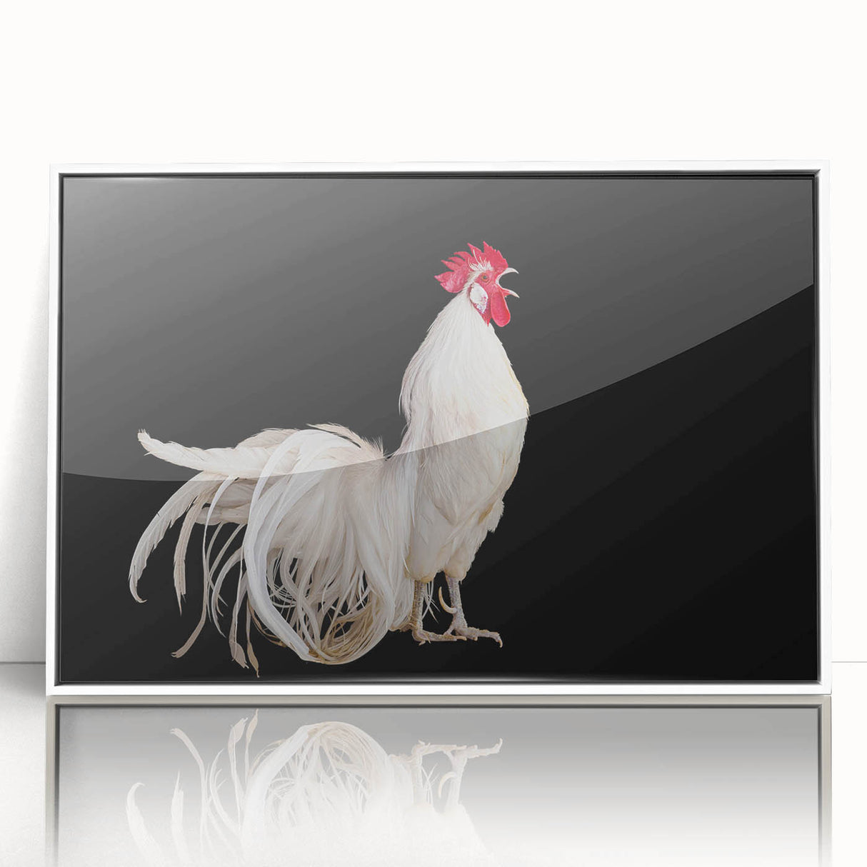 Framed wall art featuring a whimsical chicken design, showcasing vibrant colors against a white background, perfect for adding a playful touch to home decor.