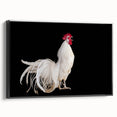 Framed wall art featuring a colorful chicken design on canvas, showcasing vibrant hues against a black background, ideal for modern home decor.