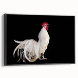 Framed wall art featuring a colorful chicken design on canvas, showcasing vibrant hues against a black background, ideal for modern home decor.