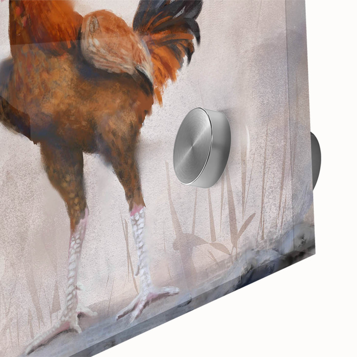 Close-up of colorful acrylic glass wall art featuring a whimsical chicken design, perfect for adding a playful touch to home decor. Ideal for poultry lovers.