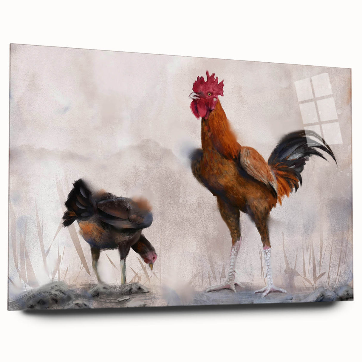 Acrylic glass wall art displaying a colorful chicken design, showcasing vibrant hues and intricate details, perfect for enhancing modern home decor or gallery spaces.