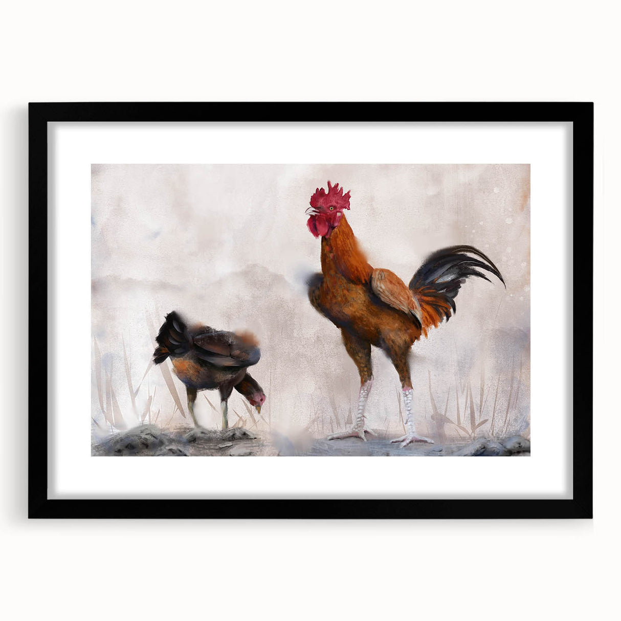 Framed black wall art featuring a whimsical chicken design with vibrant colors and intricate details, suitable for adding a playful touch to home decor.
