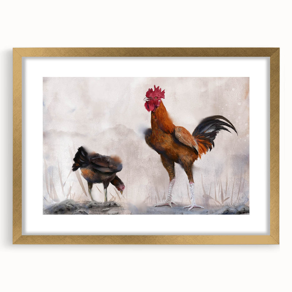 Framed wall art featuring a whimsical chicken design with gold accents, displayed in a sleek mat and frame, perfect for adding a playful touch to any home decor.