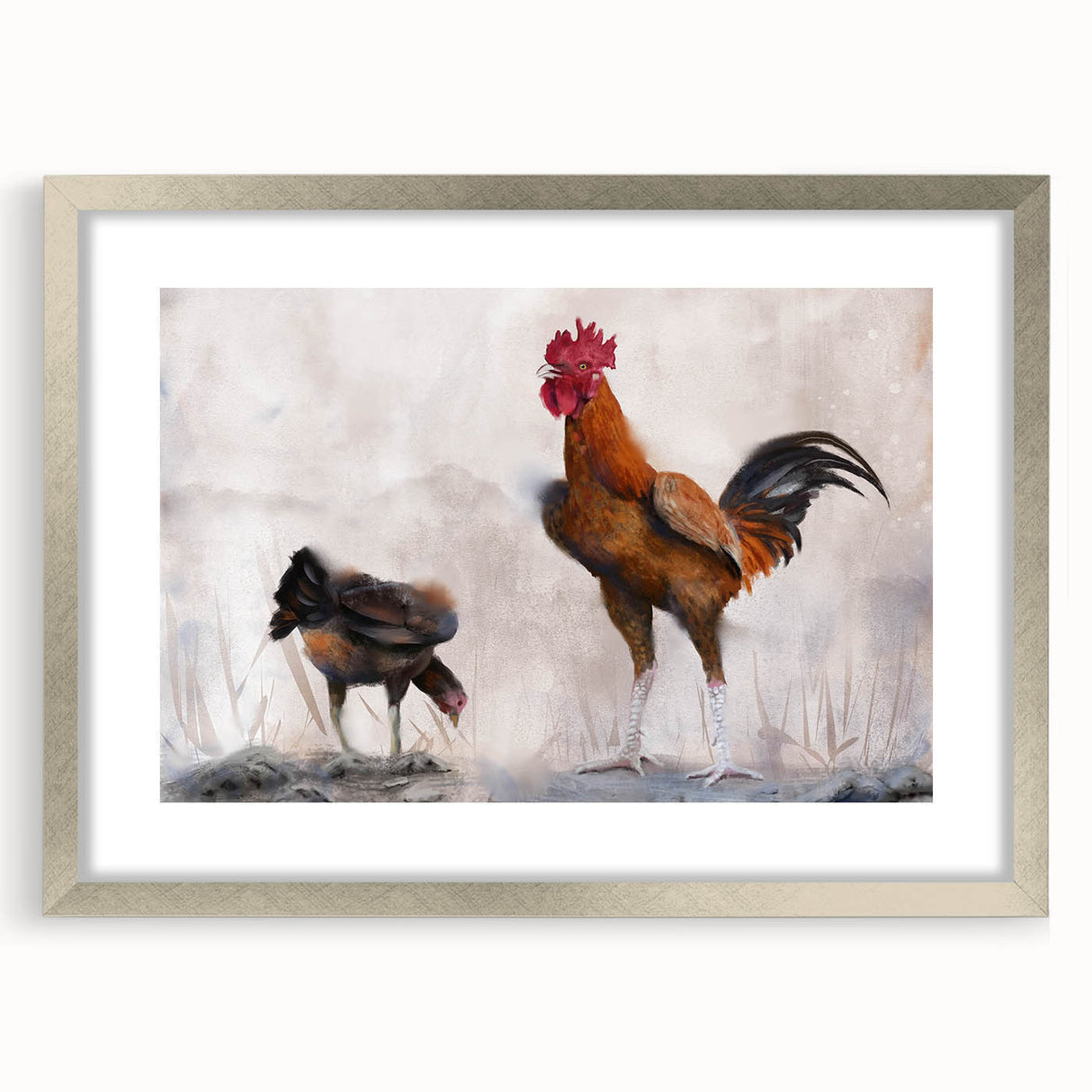 Framed wall art featuring a stylish chicken design, showcasing vibrant colors and intricate details, set in a sleek silver frame with a mat, perfect for home decor.