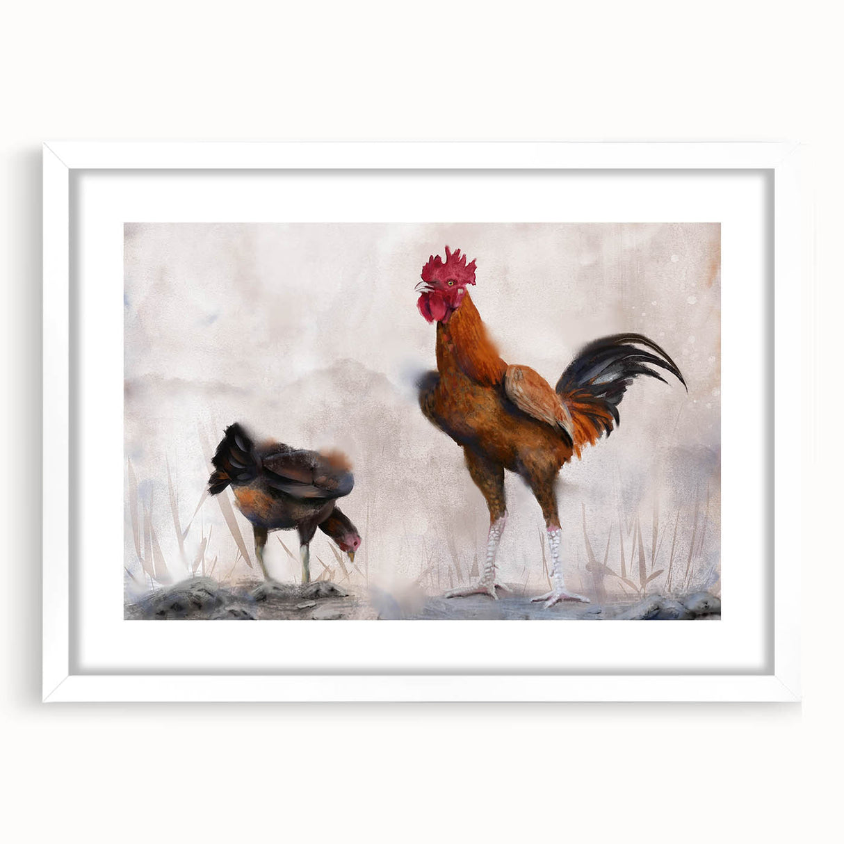 Framed wall art featuring a whimsical chicken design in a white mat and frame, perfect for farm-themed decor. Ideal for brightening up living spaces with a playful touch.