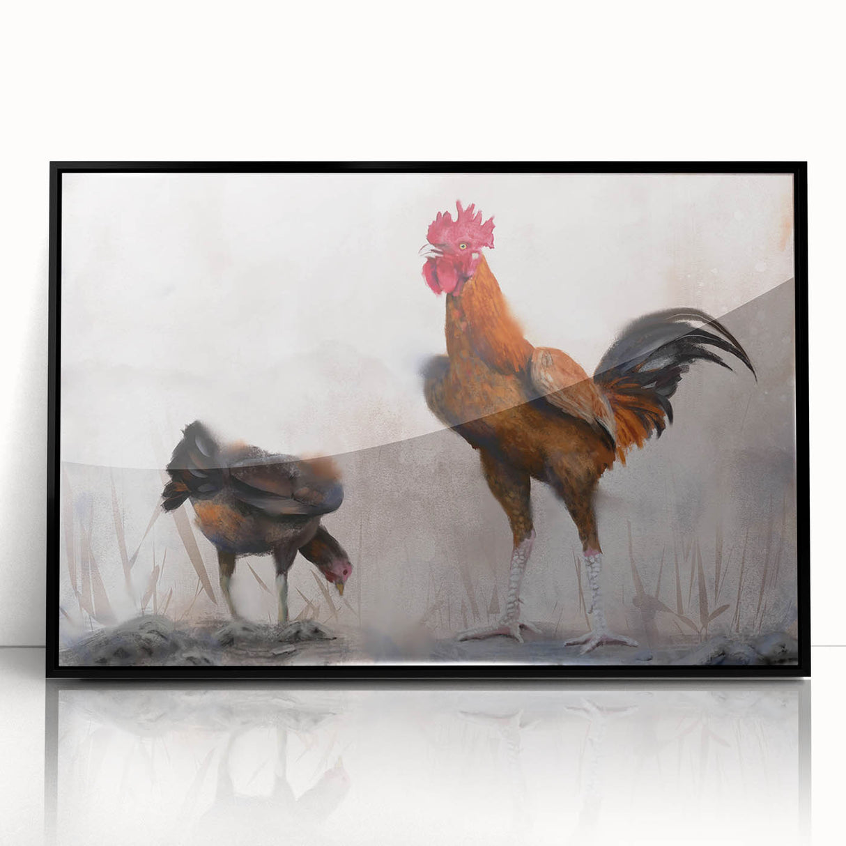 Framed wall art showcasing a black acrylic chicken design, featuring vibrant colors and unique patterns, perfect for rustic or farmhouse decor.