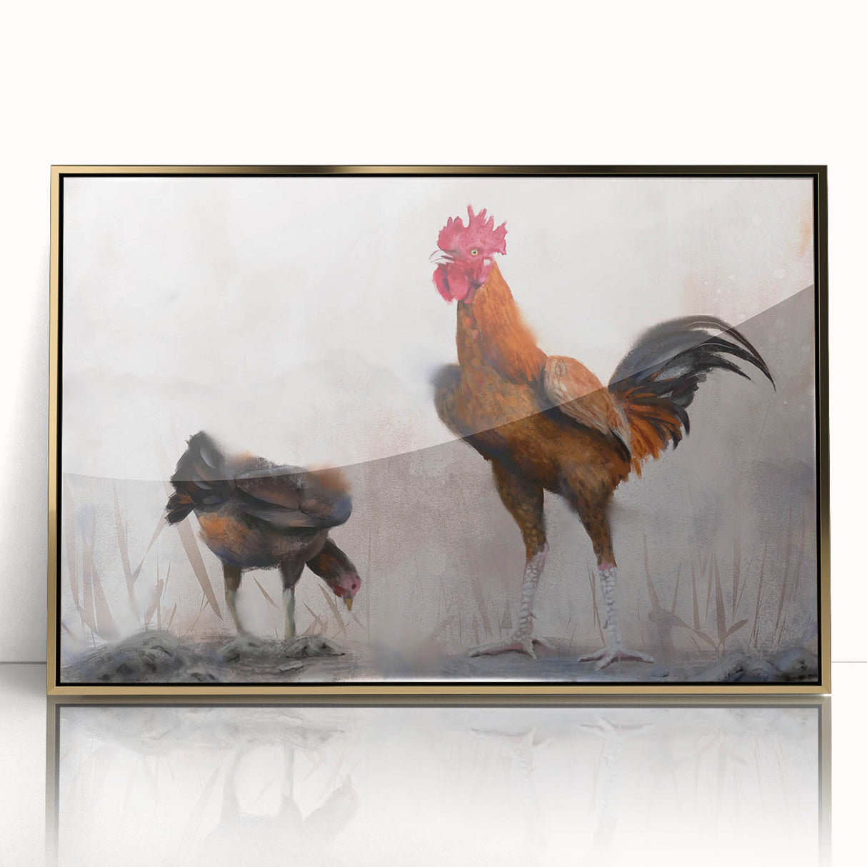 Framed wall art featuring a stylish chicken design with a gold acrylic finish, showcasing vibrant colors and intricate details, perfect for home decor.