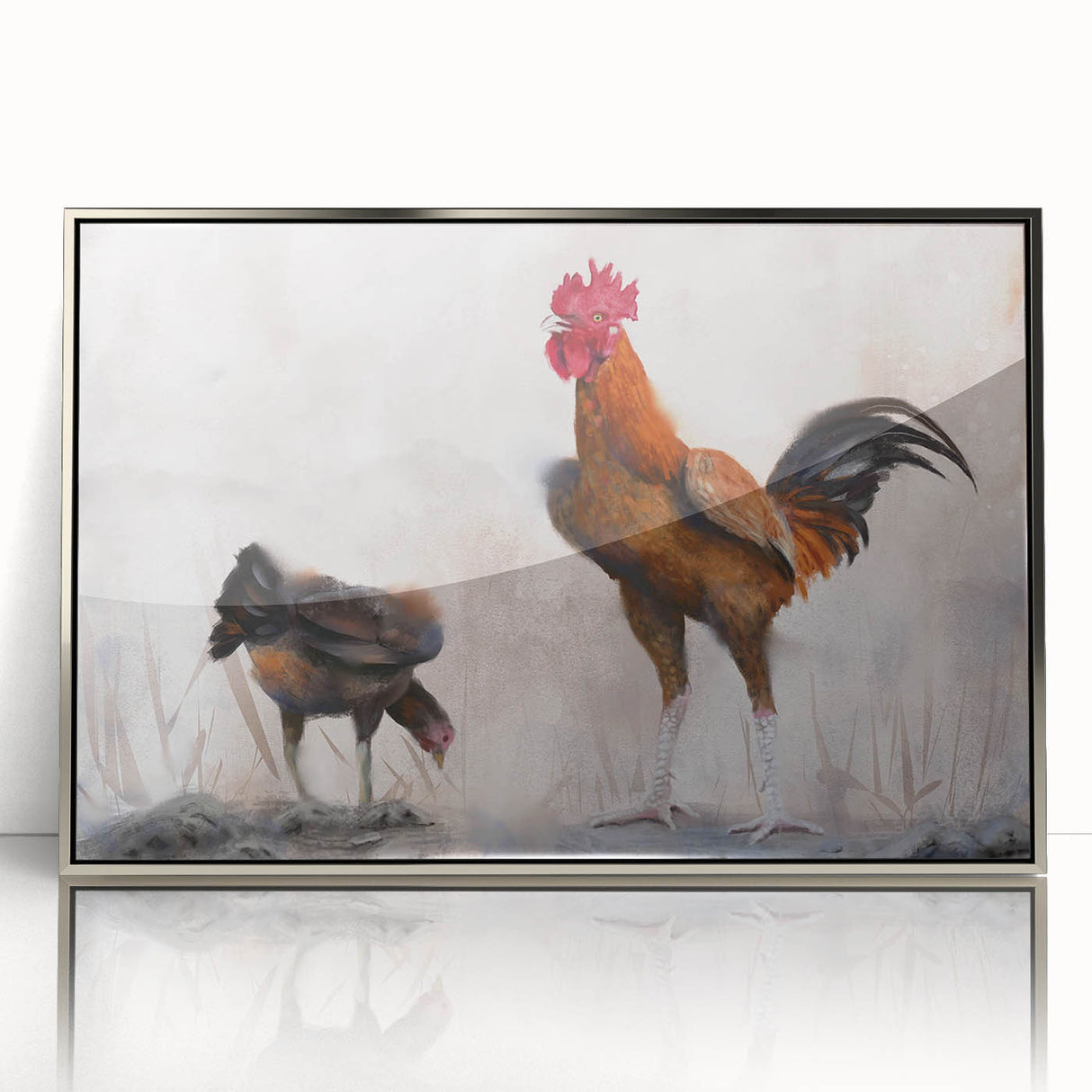 Framed wall art featuring a stylish chicken design, set in a sleek silver frame with an acrylic front, perfect for modern home decor and animal lovers.
