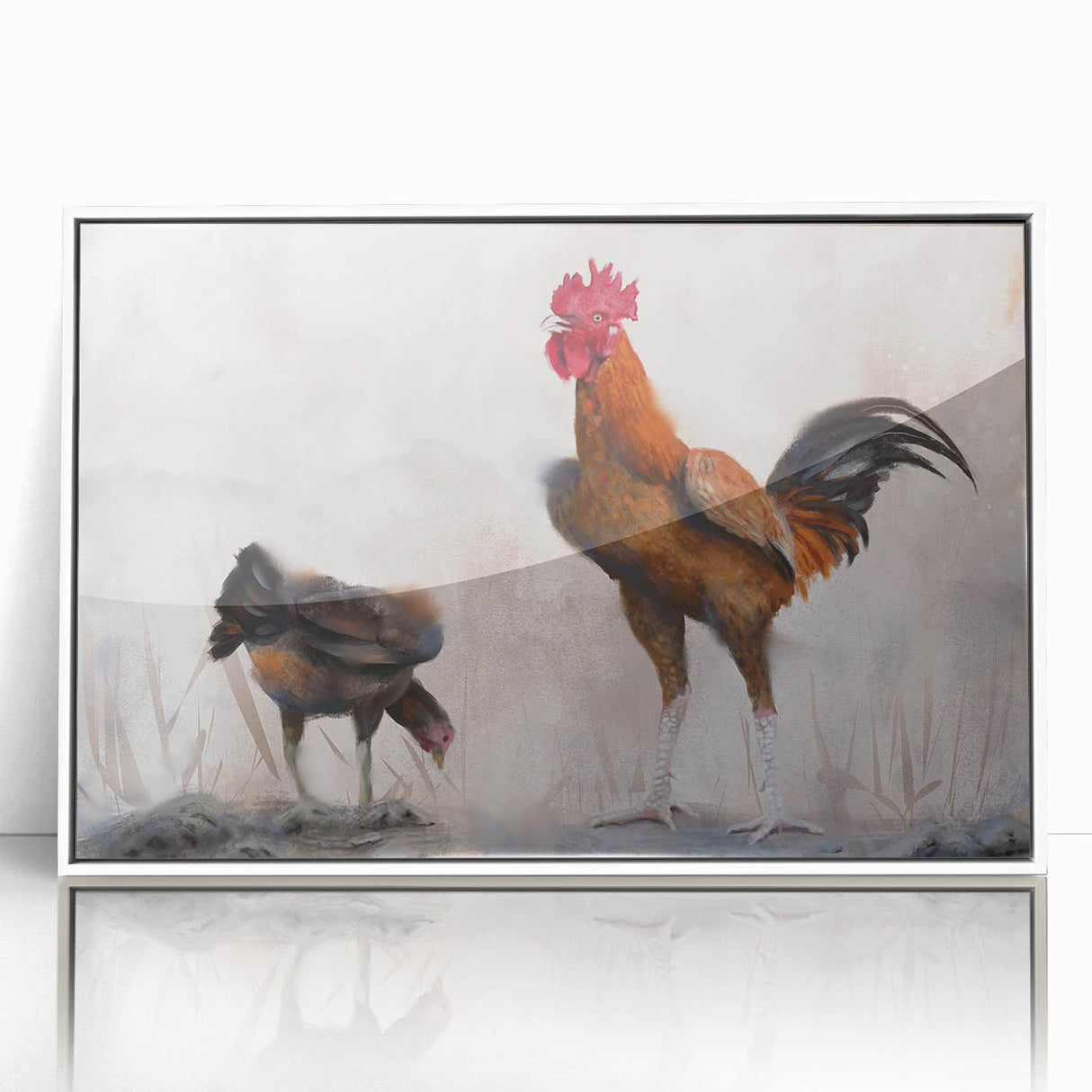 Framed wall art featuring a vibrant chicken design with colorful birds on a white background, ideal for rustic or farmhouse decor. Perfect for adding a playful touch to any room.