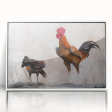 Framed wall art featuring a vibrant chicken design with colorful birds on a white background, ideal for rustic or farmhouse decor. Perfect for adding a playful touch to any room.