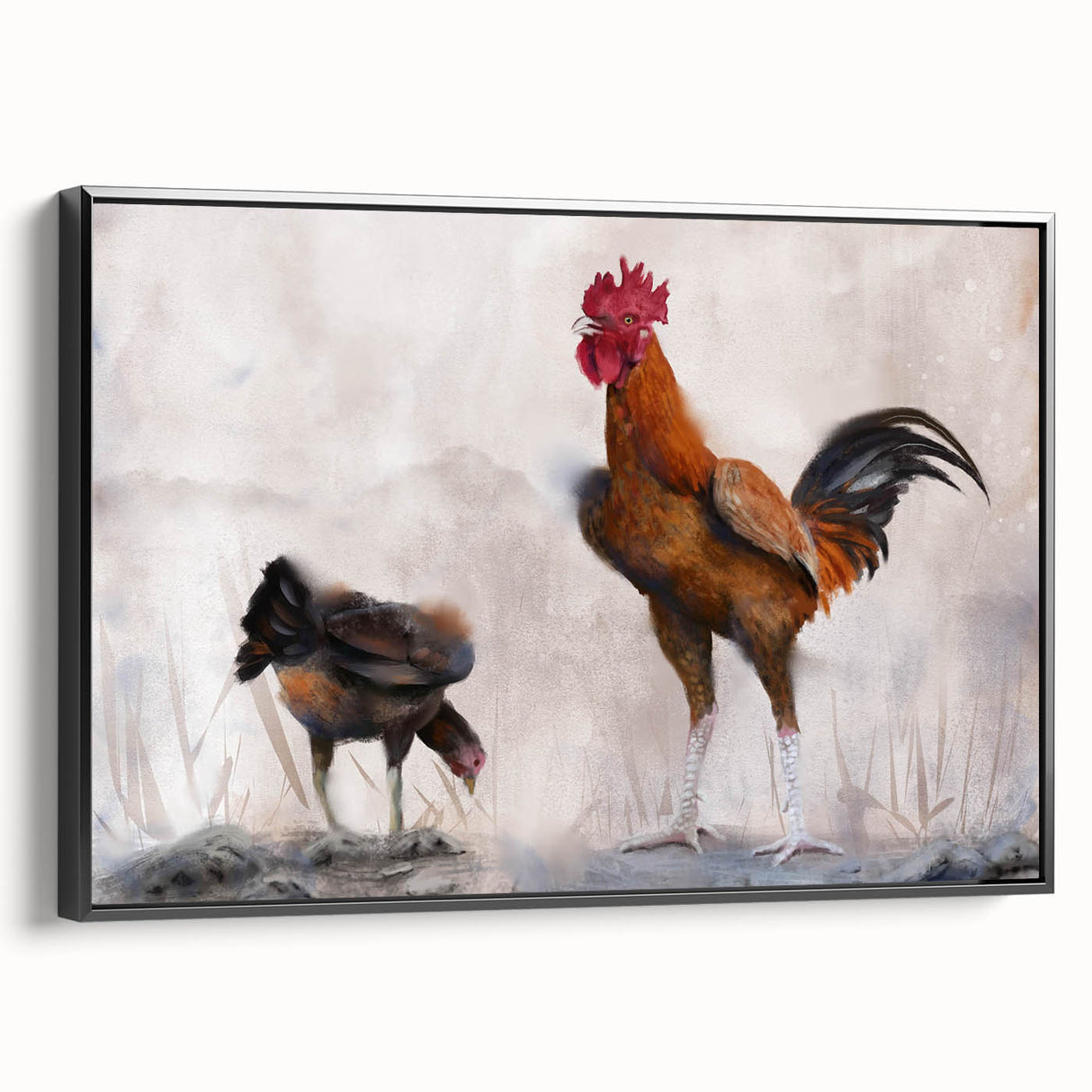 Framed wall art featuring a black chicken design on a textured canvas, showcasing vibrant colors and intricate details, perfect for home decor enthusiasts.
