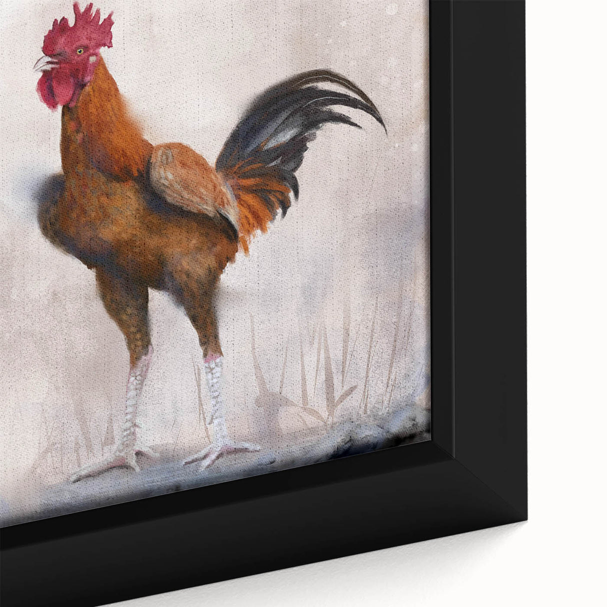 Close-up of a framed canvas wall art featuring vibrant chicken designs in an artistic style, showcasing colorful details against a neutral background, perfect for home decor.