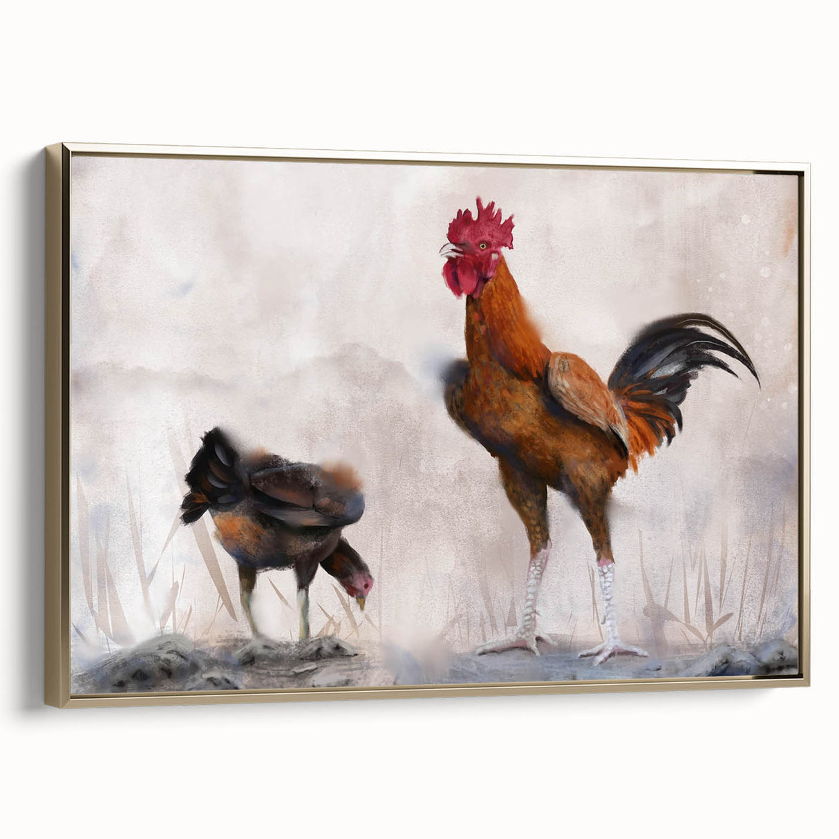 Framed wall art featuring a stylish gold-accented chicken design on textured canvas, ideal for modern home decor, showcasing vibrant colors and intricate details.
