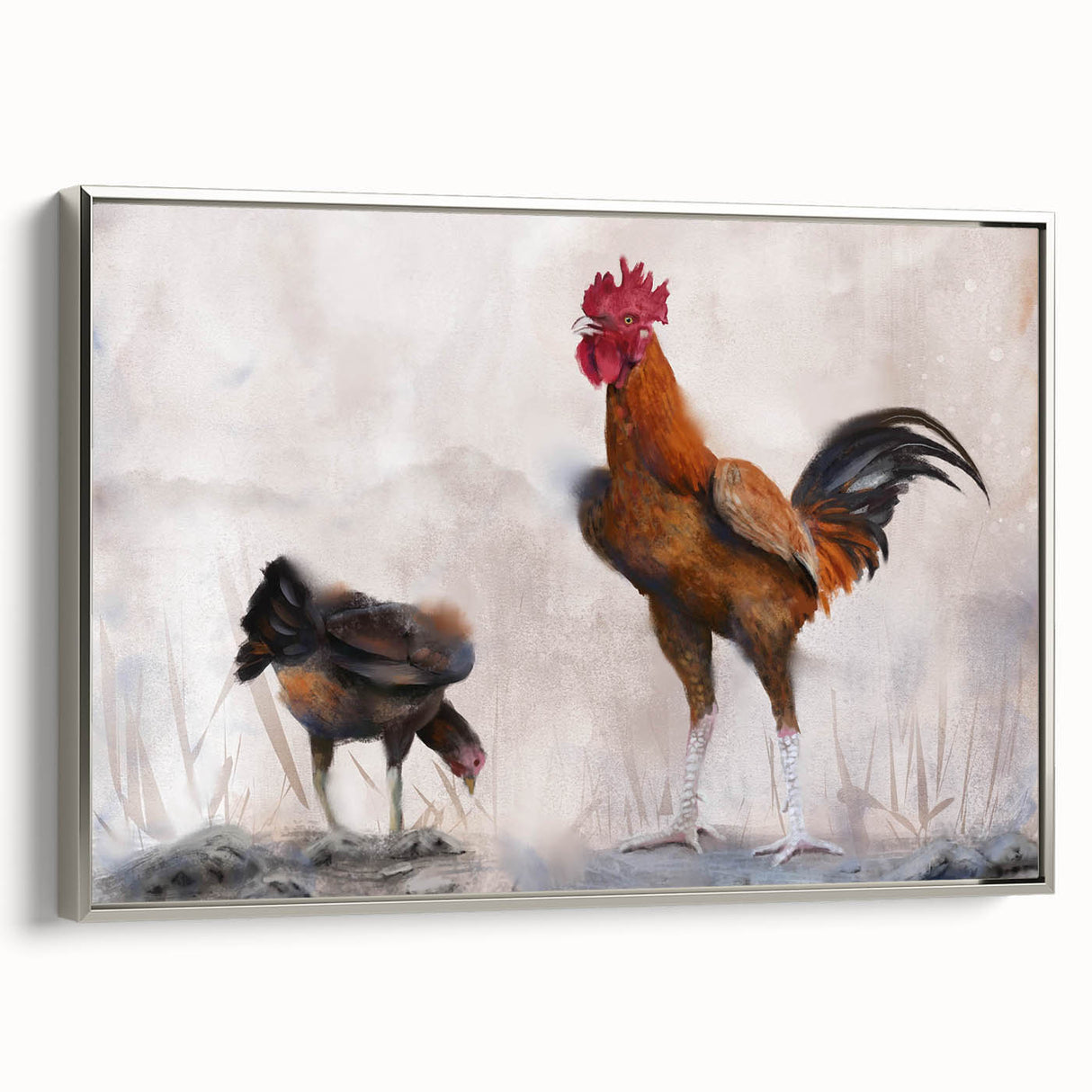 Framed wall art showcasing a vibrant chicken design on textured canvas with a silver frame, ideal for adding a rustic touch to home decor. Perfect for poultry lovers or country-themed interiors.