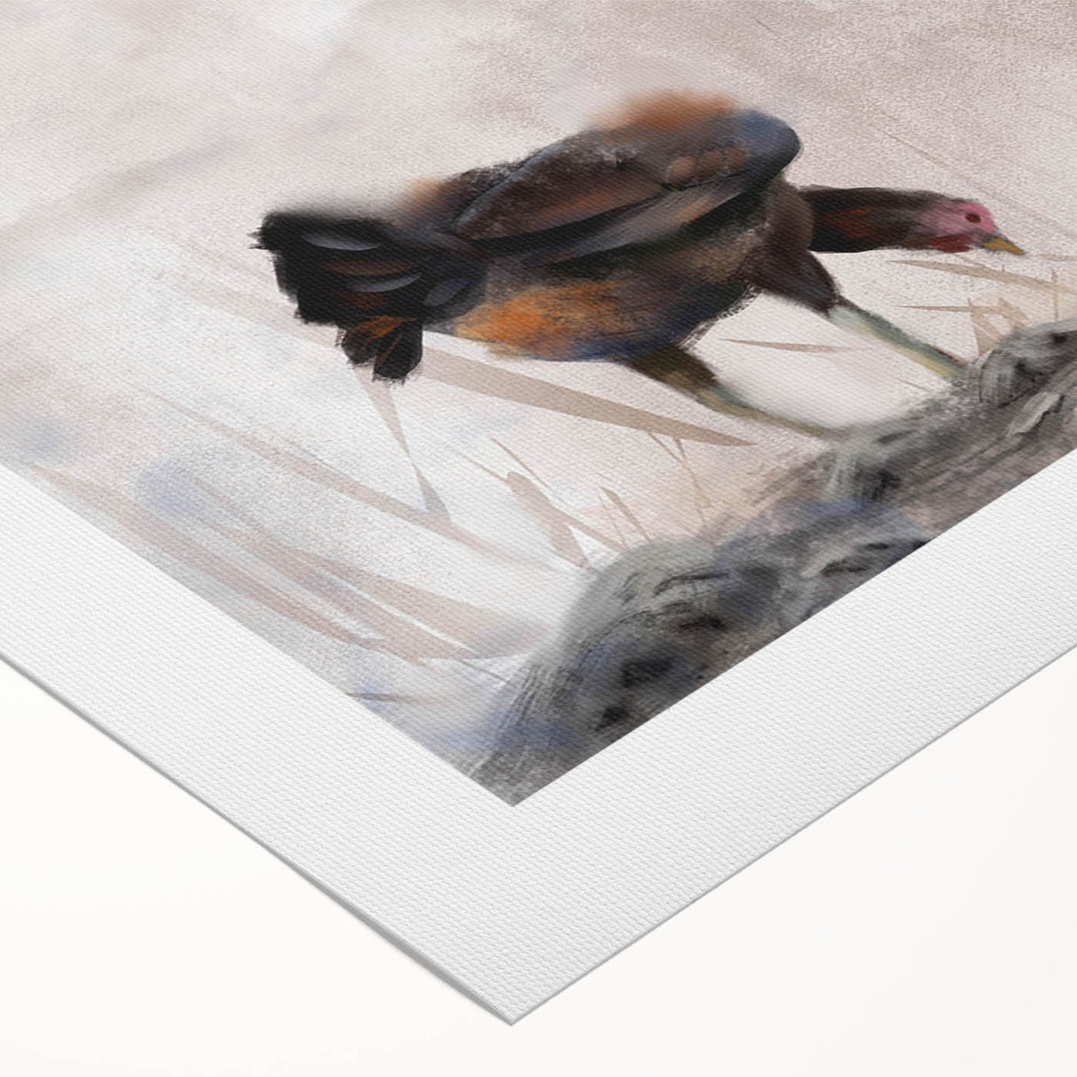 Colorful rolled canvas art showcasing a vibrant chicken design, perfect for home decor. The artwork features intricate details and a playful style, ideal for animal lovers. Packaged securely in a tube for easy shipping and handling.