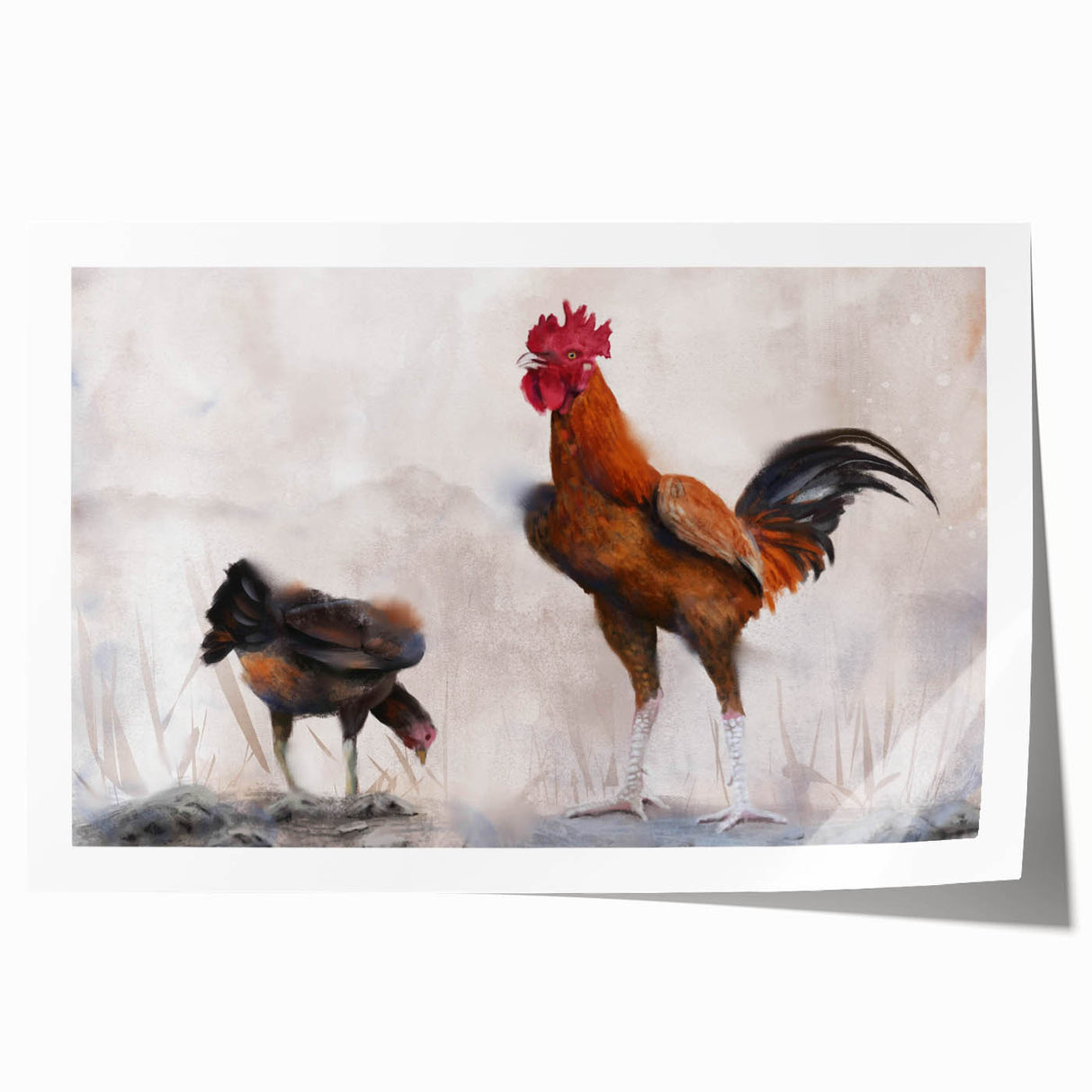 Colorful wall art print featuring a whimsical chicken design, showcasing vibrant hues and playful illustrations, ideal for enhancing interior decor and adding charm to any space. Perfect for poultry lovers and art enthusiasts alike, this print brings a cheerful aesthetic to homes, cafes, or nurseries.