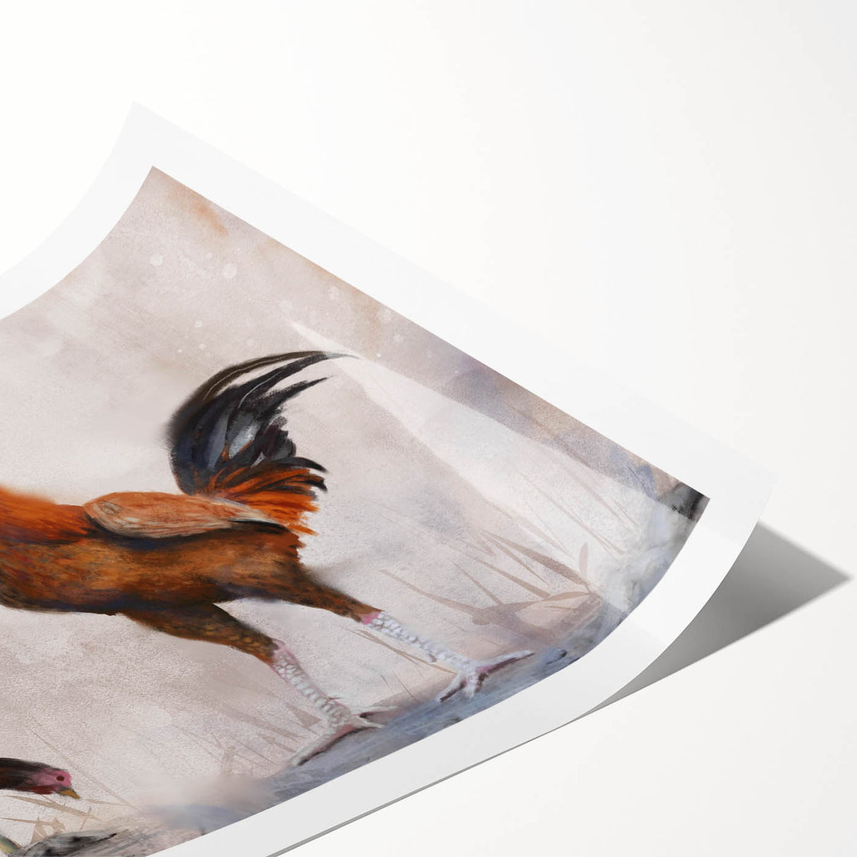 Colorful wall art print featuring a whimsical chicken design, perfect for adding a playful touch to home decor. The rolled print is displayed against a white background, emphasizing its vibrant colors and intricate details. Ideal for poultry lovers and unique art enthusiasts.