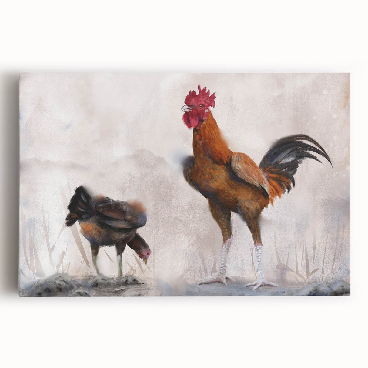 Vibrant wall art featuring a charming chicken design on stretched canvas, showcasing intricate details and warm colors, perfect for home decor.