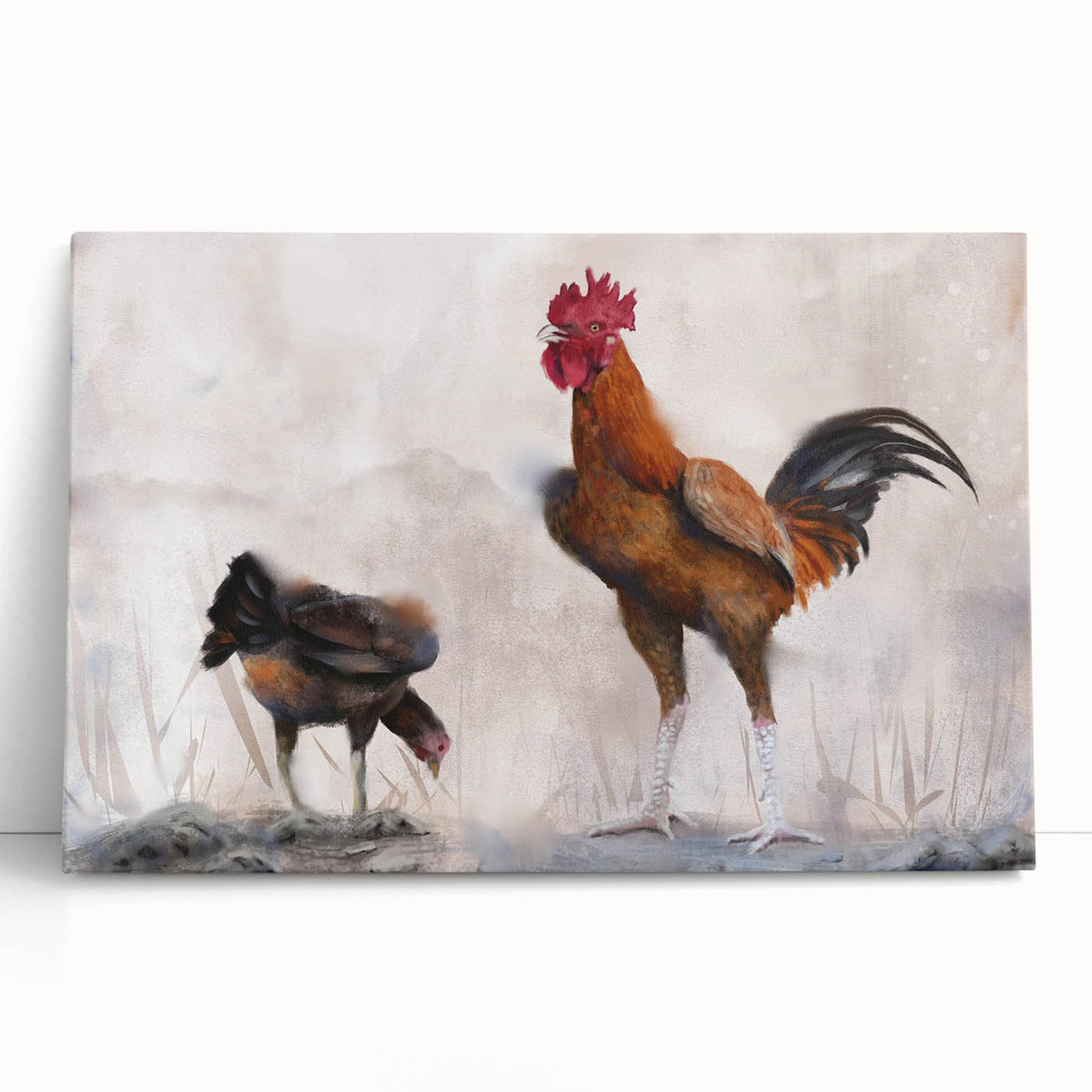 Three vibrant stretched canvas wall art pieces featuring whimsical chicken designs in a modern farmhouse style, showcasing colorful feathers and playful poses, ideal for kitchen or dining decor.