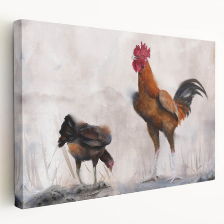 Colorful canvas wall art featuring a whimsical chicken design, showcasing vibrant hues and playful details, perfect for adding charm to any home decor.