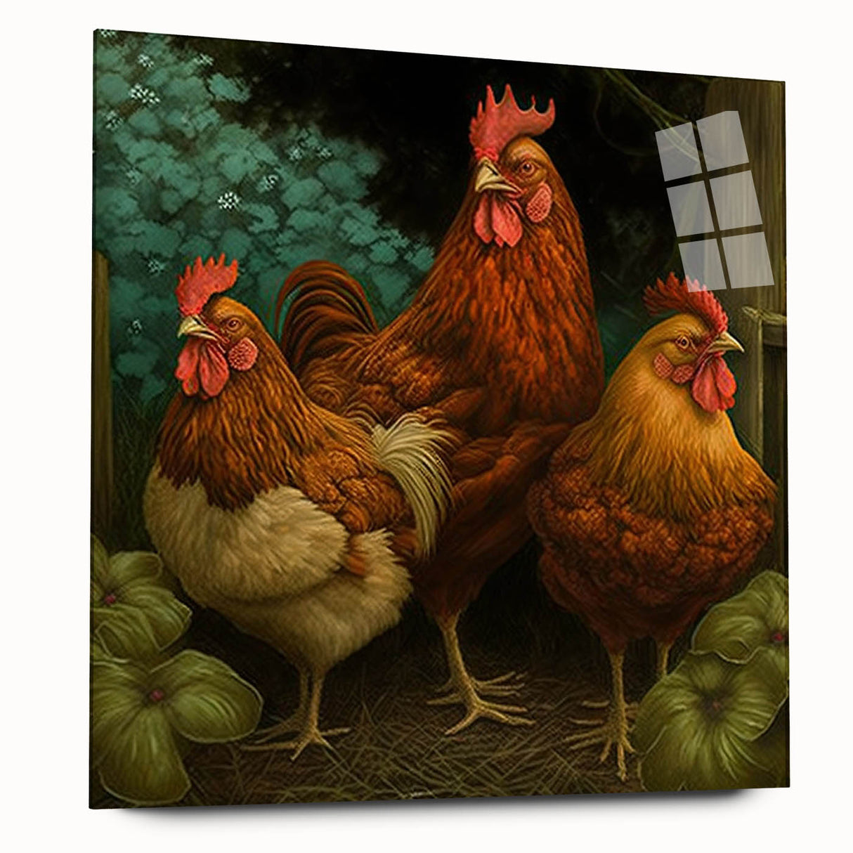 Acrylic wall art collection showcasing a vibrant chicken design, displayed in a side view without pins, featuring bright colors and intricate details perfect for poultry enthusiasts.