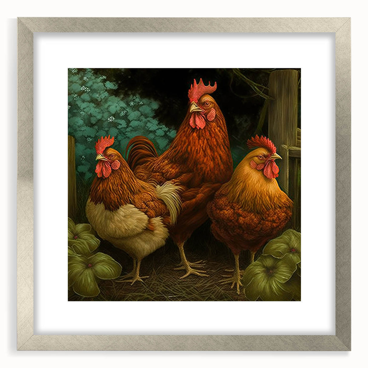Framed wall art collection featuring a stylish chicken design, displayed in a sleek silver frame with a mat, perfect for modern home decor.