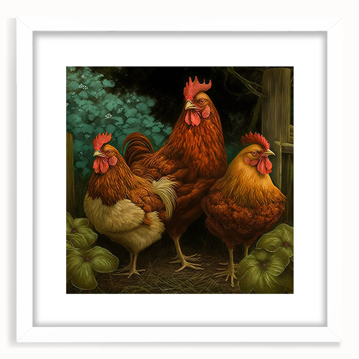 Framed wall art featuring a vibrant chicken design with a white mat, perfect for adding a playful touch to home decor. Ideal for poultry enthusiasts and farmhouse-themed interiors.