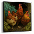 Framed canvas wall art featuring a vibrant chicken design, showcased in a sleek black frame from a side view, perfect for adding a touch of whimsy to home decor.