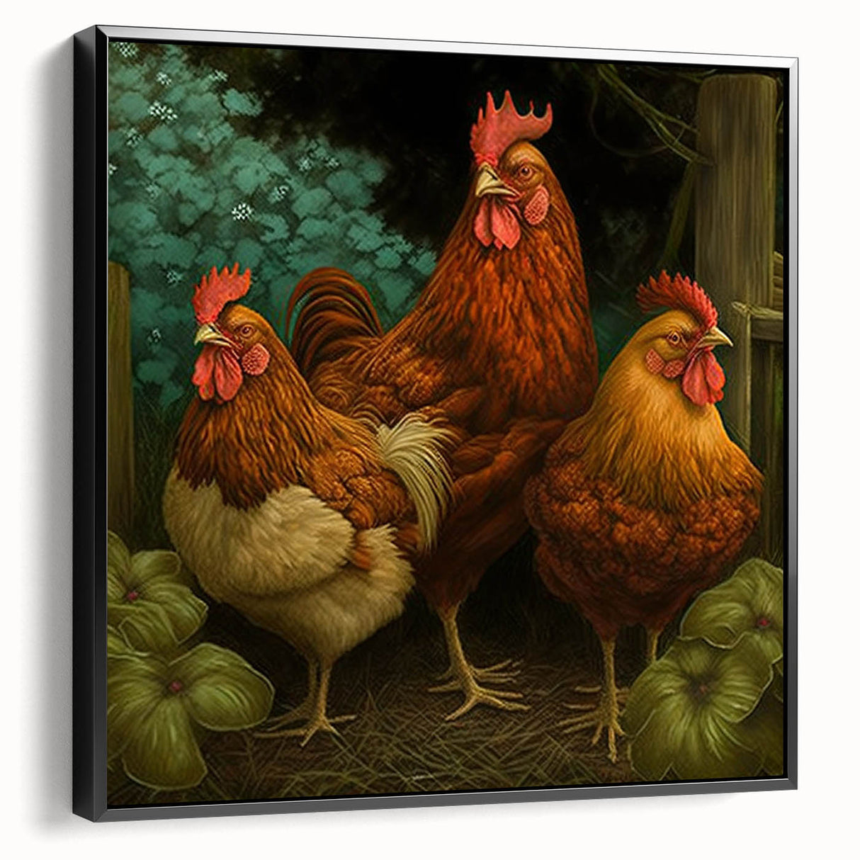 Framed canvas wall art featuring a vibrant chicken design, showcased in a sleek black frame from a side view, perfect for adding a touch of whimsy to home decor.