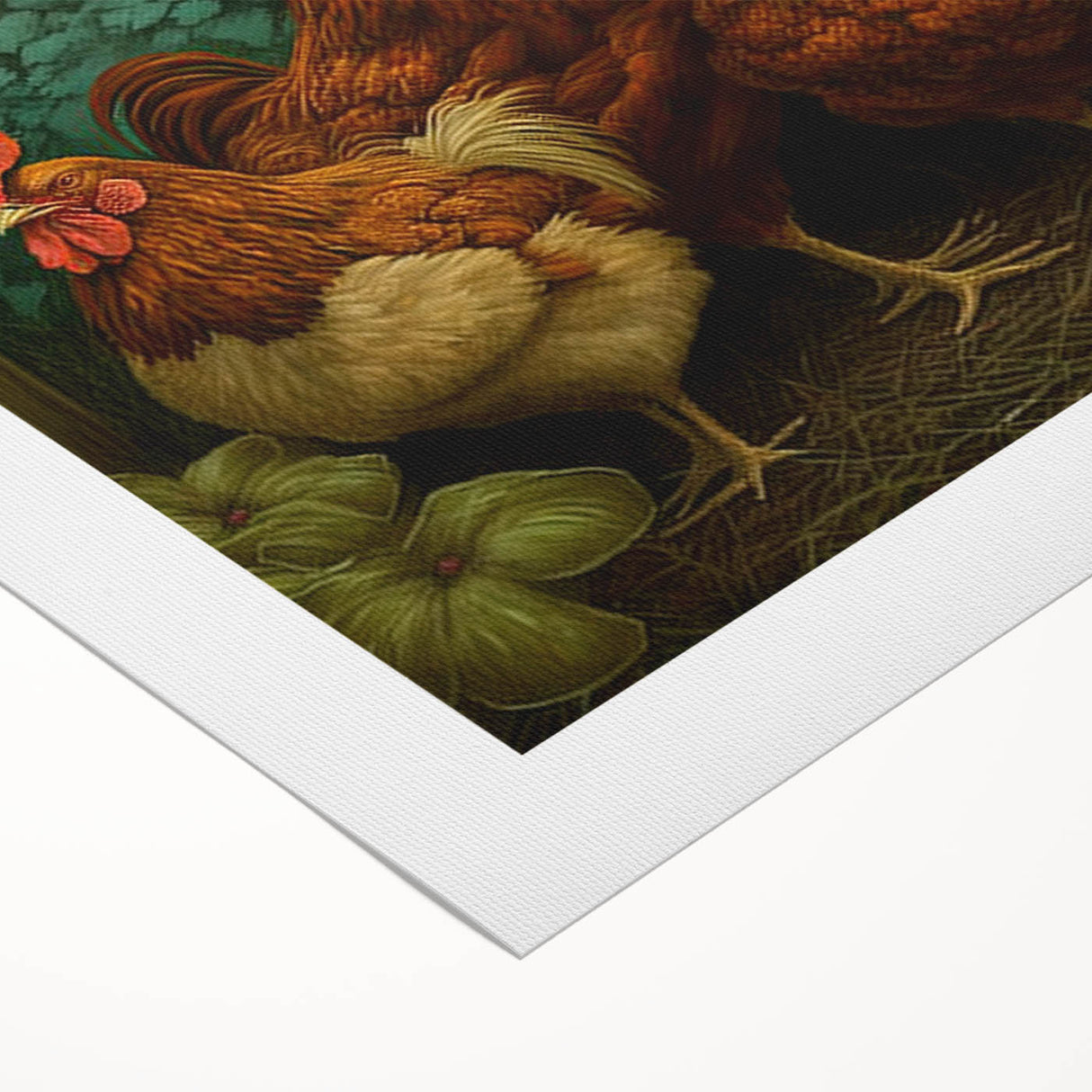 Rolled canvas wall art showcasing a vibrant chicken design with intricate details and colors, perfect for adding a playful touch to home decor.