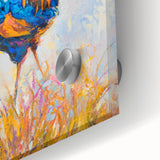 Close-up of a vibrant acrylic glass wall art collection featuring colorful birds and chickens, showcasing intricate details and textures, ideal for home decor.