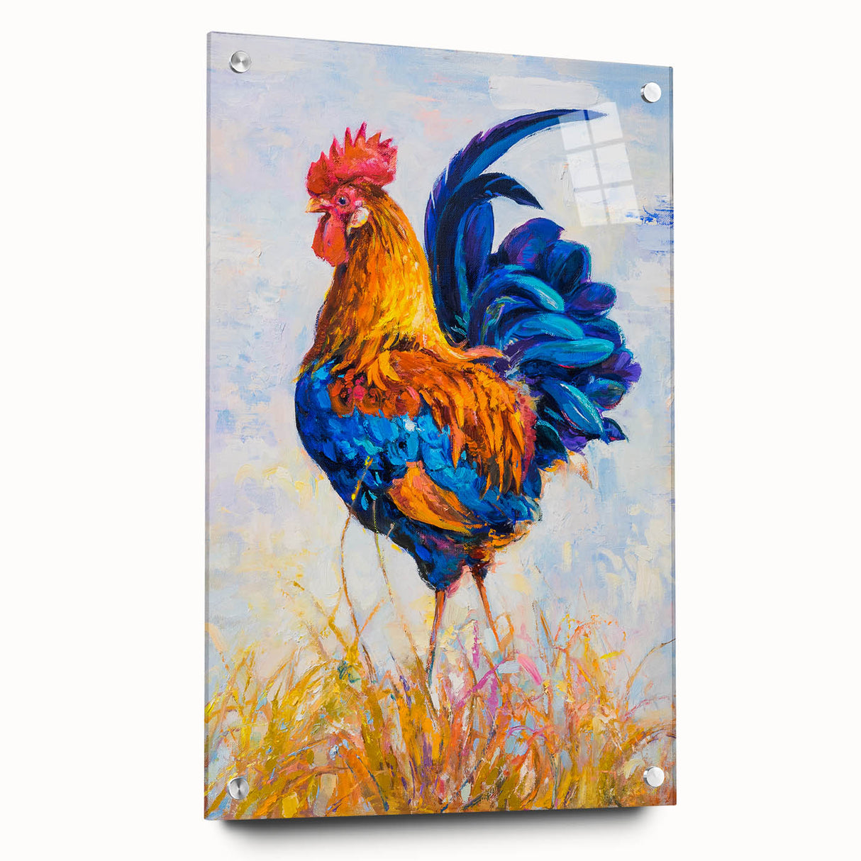 Colorful wall art collection featuring a side view of acrylic glass chicken-themed designs, showcasing intricate details and vibrant colors, perfect for home decor.